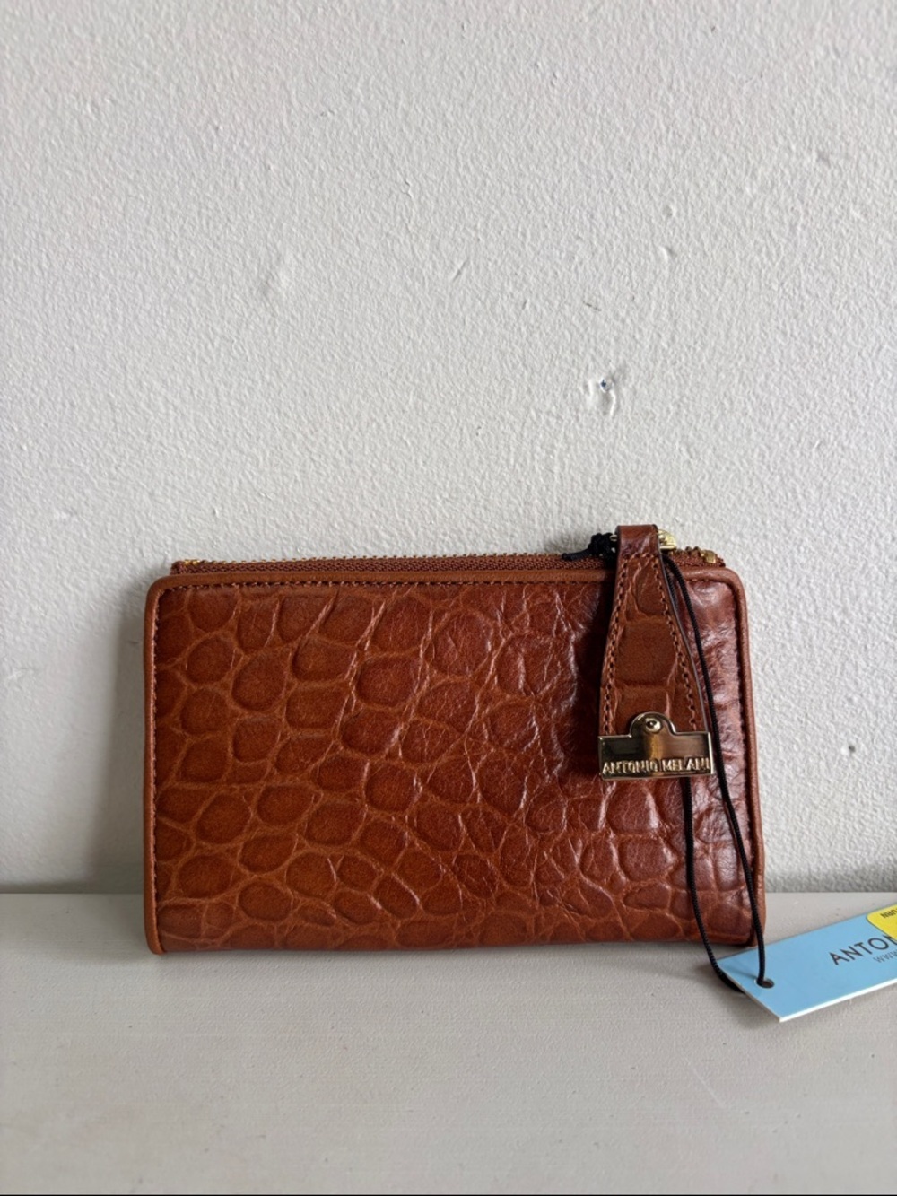ANTONIO MELANI Cognac Croc-Embossed Zip Wallet